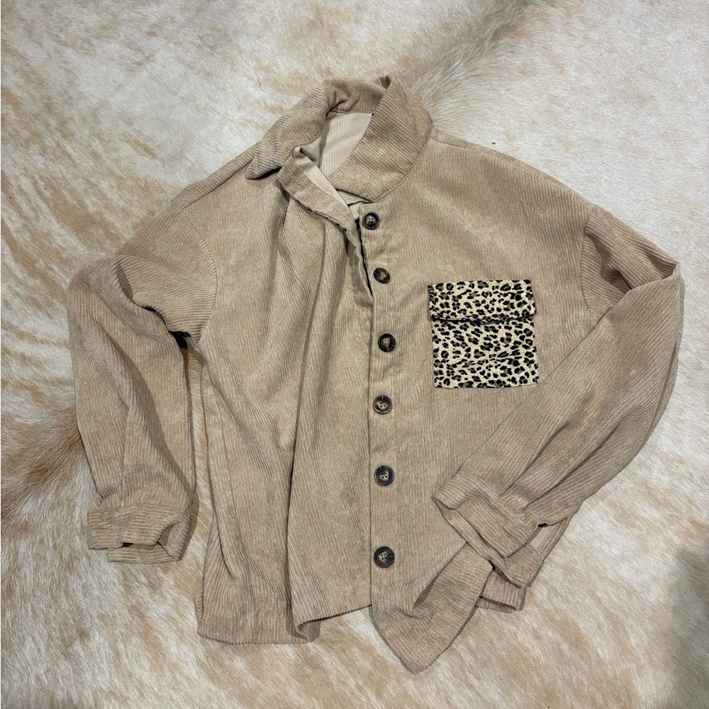 Beige Corduroy Button-Up Shirt with Leopard Pocket